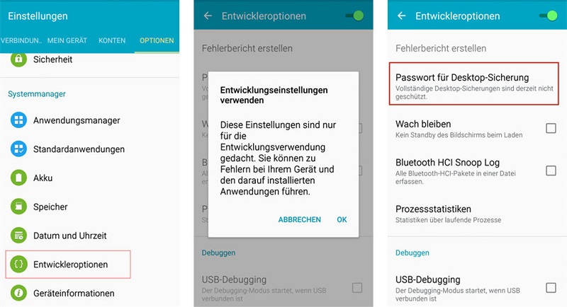 Passwort für Dasktop-Sicherung unter Entwickleroptionen