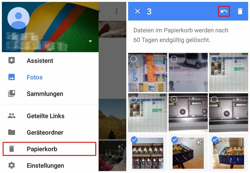 Google Fotos Papierkorb gelöscht wiederherstellen