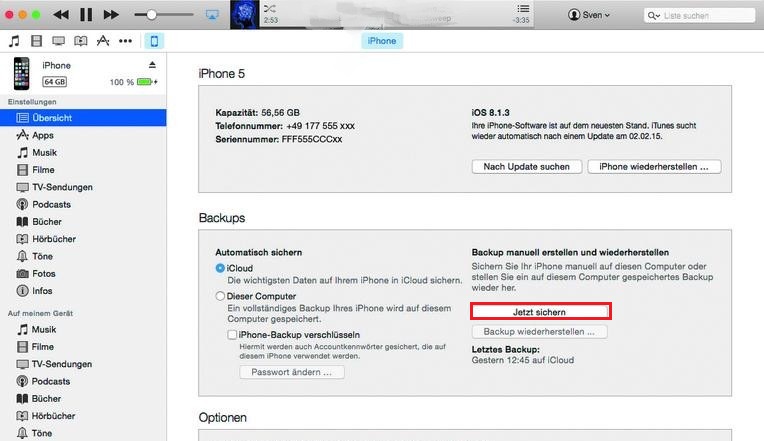 iTunes Jetzt sichern