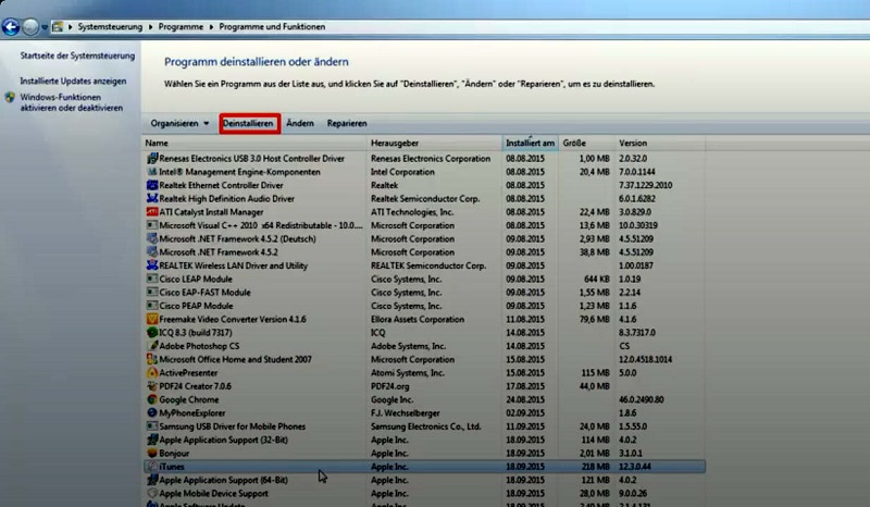 Windows iTunes deinstallieren