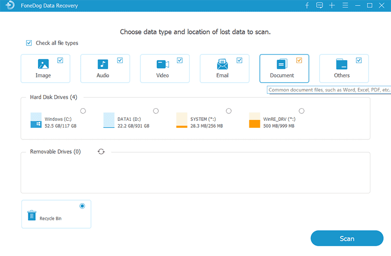 Nicht gespeicherte PowerPoint-Datei wiederherstellen: FoneDog Data Recovery – Dateityp auswählen