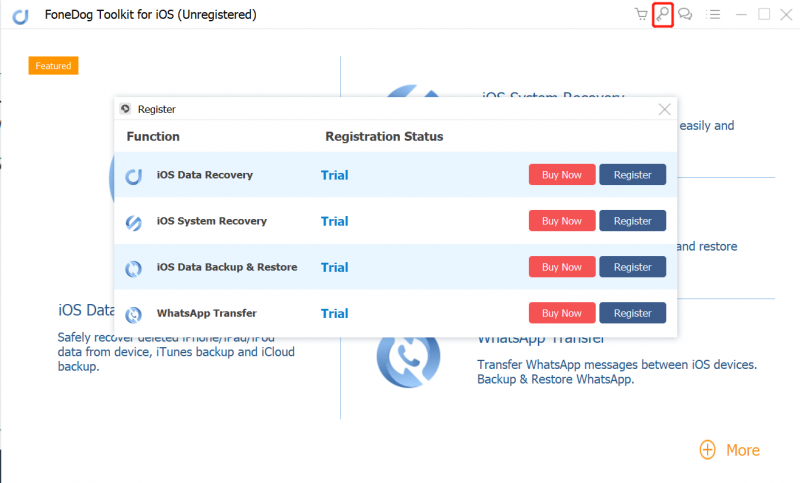 Registrieren Sie das Fonedog iOS Data Recover-Menü