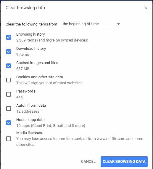 Chrome Clear Browsing Data-Bildschirm