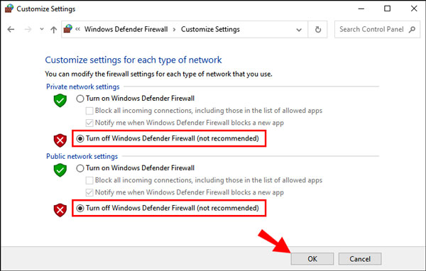 Aktivieren Sie Windows Defender-Firewall deaktivieren
