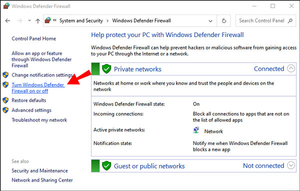Klicken Sie auf Windows Defender-Firewall ein- oder ausschalten