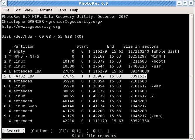 Wählen Sie eine Partition in PhotoRec