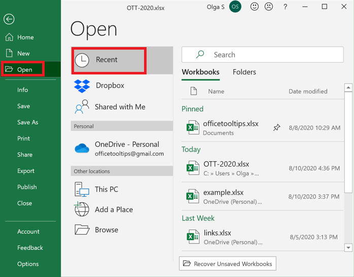 Rufen Sie nicht gespeicherte Excel-Dateien unter Windows aus den zuletzt verwendeten Dateien ab