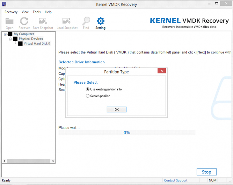 Verwenden Sie vorhandene Partitionsinformationen von Kernel VMDK Recovery