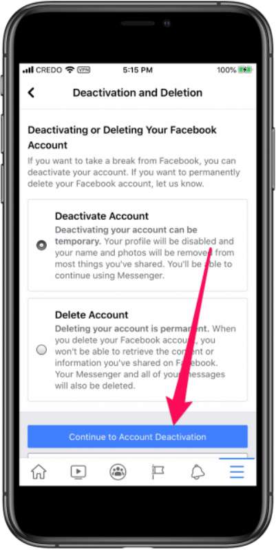 Wählen Sie Weiter zur Deaktivierung des Kontos nach Deaktivierung des Kontos in Facebook