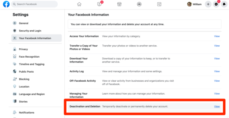 Klicken Sie auf Deaktivierung und Löschung, um Facebook zu löschen, aber Messenger zu behalten
