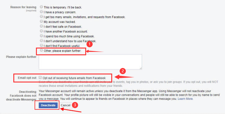 Klicken Sie auf Deaktivieren, um Facebook zu löschen, aber Messenger zu behalten