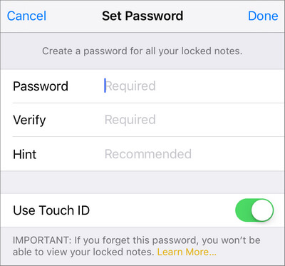 Festlegen des Notes-Passworts iOS 11