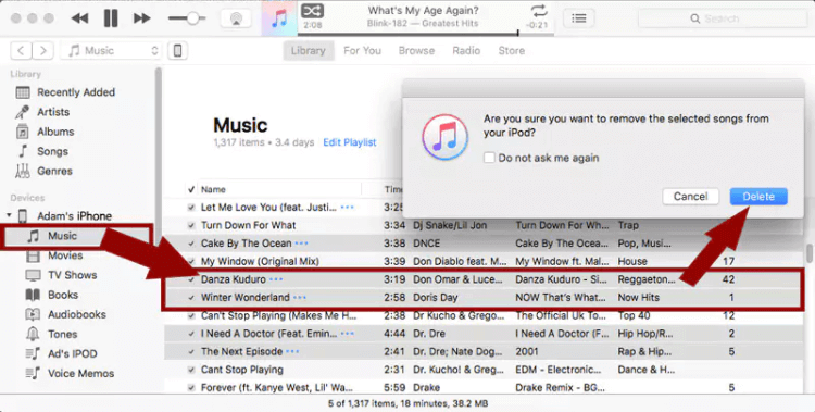 Wie lösche ich Songs manuell vom iPod in iTunes?