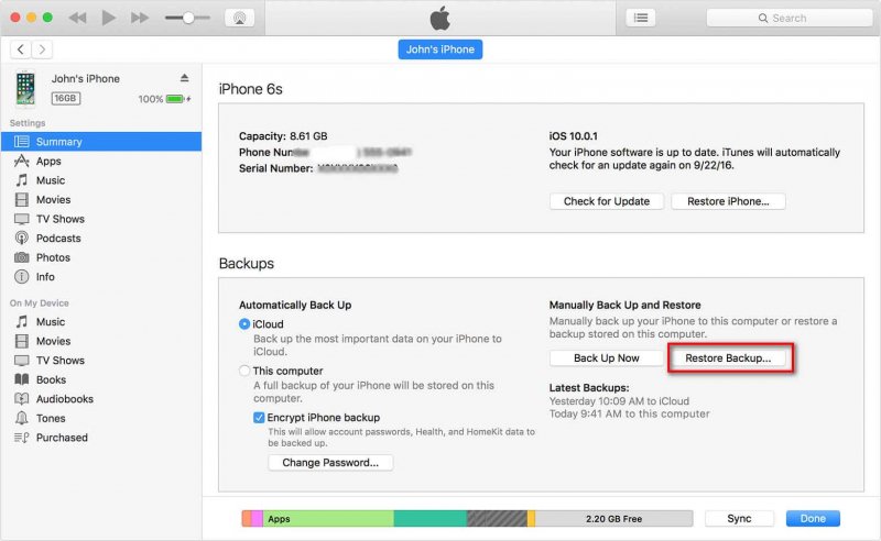 iTunes Restore Backup, um gelöschte Gespräche auf dem iPhone wiederherzustellen
