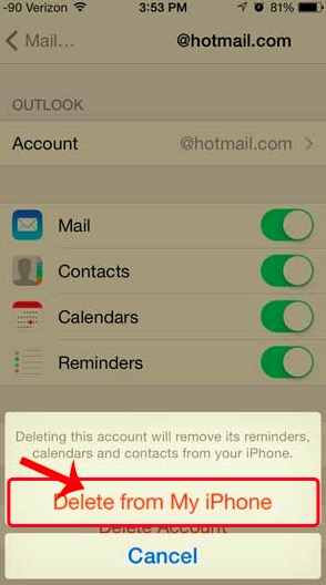 Löschen Sie das Hotmail-Konto von „Mein iPhone“, um das Problem zu beheben