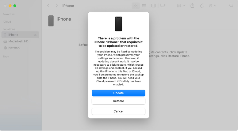 Verwenden des Finder zum Löschen eines gesperrten iPhones