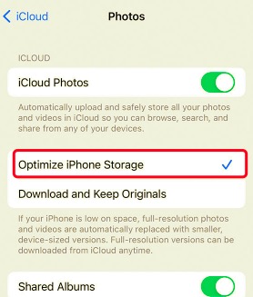 Fotos vom iPhone löschen, aber nicht von iCloud – Verwenden Sie „iPhone-Speicher optimieren“