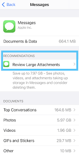 Überprüfen Sie große Anhänge von Nachrichten, um „iPhone sagt nicht genügend Platz im Gerätespeicher aber es gibt“ zu beheben