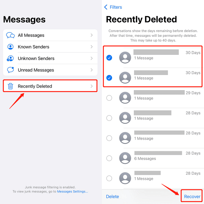 Stellen Sie gelöschte Textnachrichten auf dem iPhone mithilfe des kürzlich gelöschten Ordners wieder her