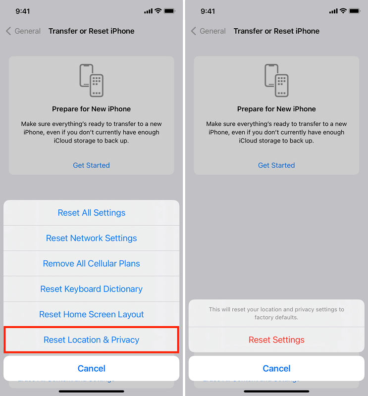 Standort und Datenschutz zurücksetzen, wenn der leere iPhone DCIM-Ordner nicht auf dem Computer angezeigt wird