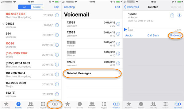 Rufen Sie gelöschte Voicemails über die Telefon-App ab