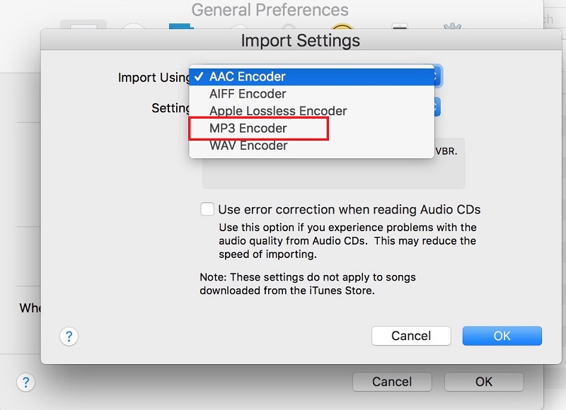 Wählen Sie MP3 als Importieren mit auf dem Mac