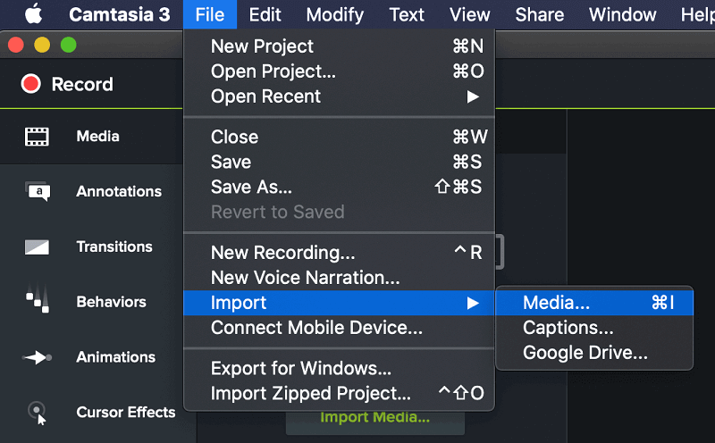 Klicken Sie in Camtasia auf Datei und Importieren und dann auf Medien