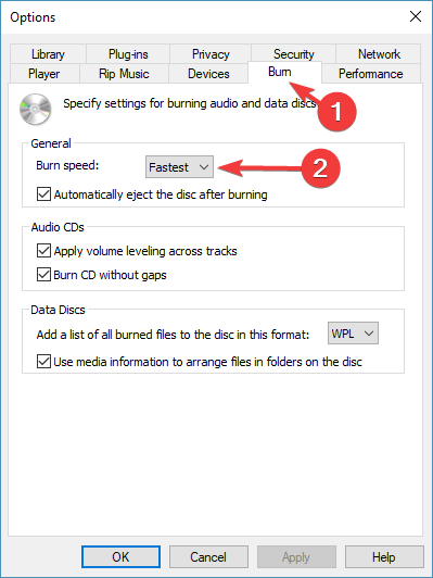 Ändern Sie die Geschwindigkeit des Windows Media Players, wenn einige Dateien nicht gebrannt werden können