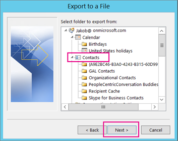 Wählen Sie den Outlook-Kontaktordner zum Exportieren