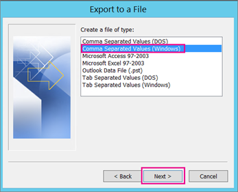 Wählen Sie Prozess exportieren, um Outlook-Kontakte zu exportieren