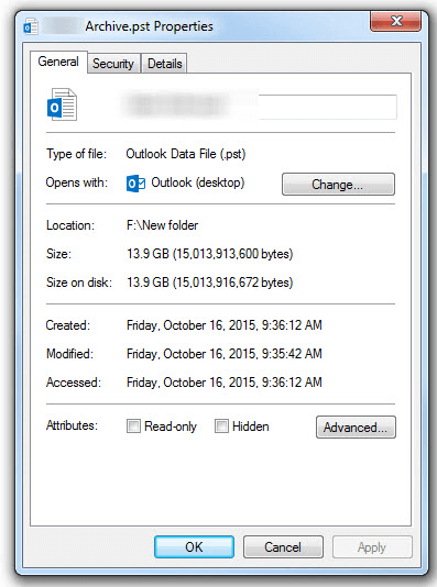 Überprüfen Sie die Attribute, um den Fehler zu beheben, wenn keine Outlook-Datendatei vorliegt