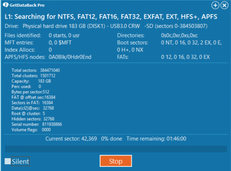 Scannen des Laufwerks über GetDataBack