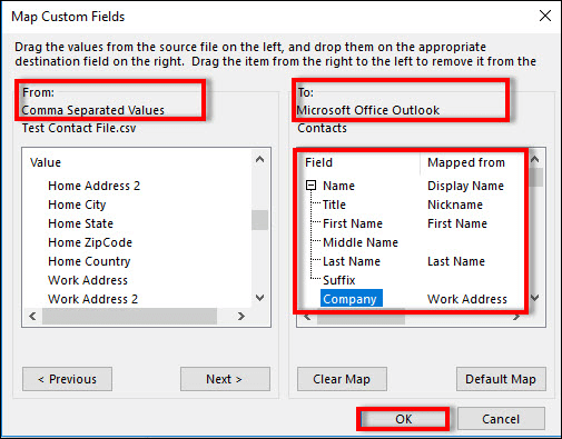Wählen Sie die benutzerdefinierten Felder zuordnen, um Outlook-Kontakte zu exportieren Export