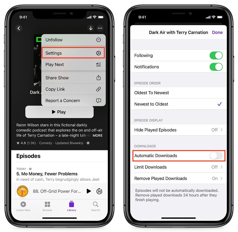 Deaktivieren Sie automatische Downloads, um Podcasts vom iPhone zu löschen