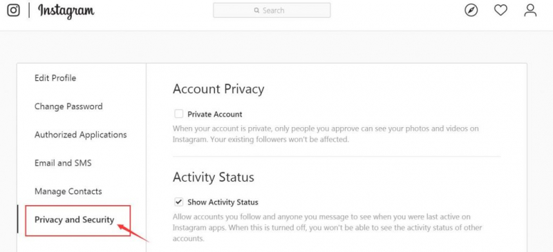 Klicken Sie auf Datenschutz und Sicherheit, um die Wiederherstellung von Instagram-Nachrichten durchzuführen