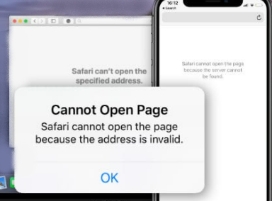 Screenshot des Fehlers Safari kann die Seite nicht öffnen, weil die Adresse ungültig ist