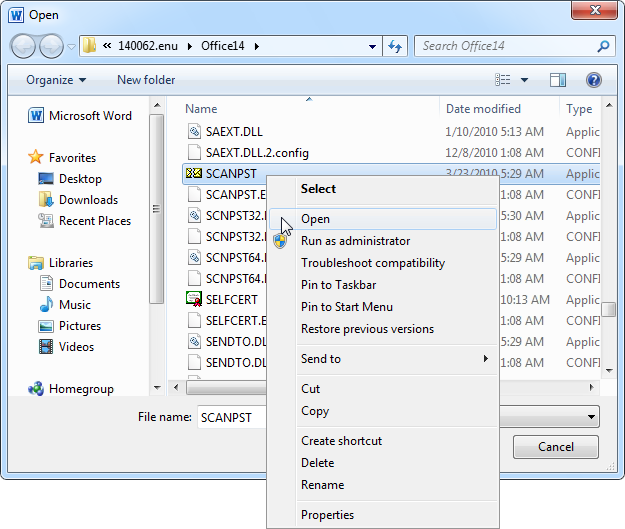 Öffnen Sie Scanpst.exe mit dem Tool zum Reparieren des Posteingangs