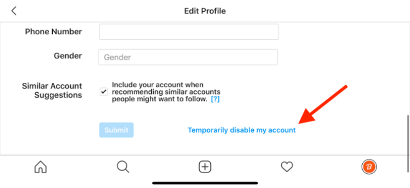 Tippen Sie auf Instagram auf Mein Konto vorübergehend deaktivieren