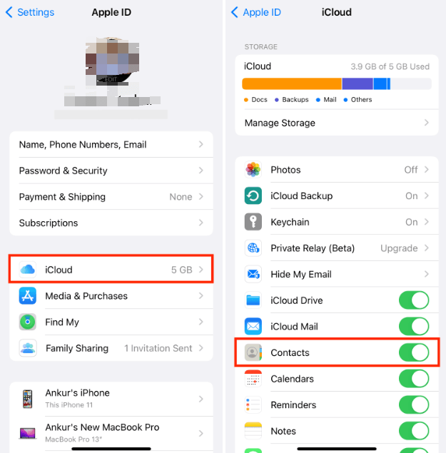 Schalten Sie iCloud-Kontakte aus und ein