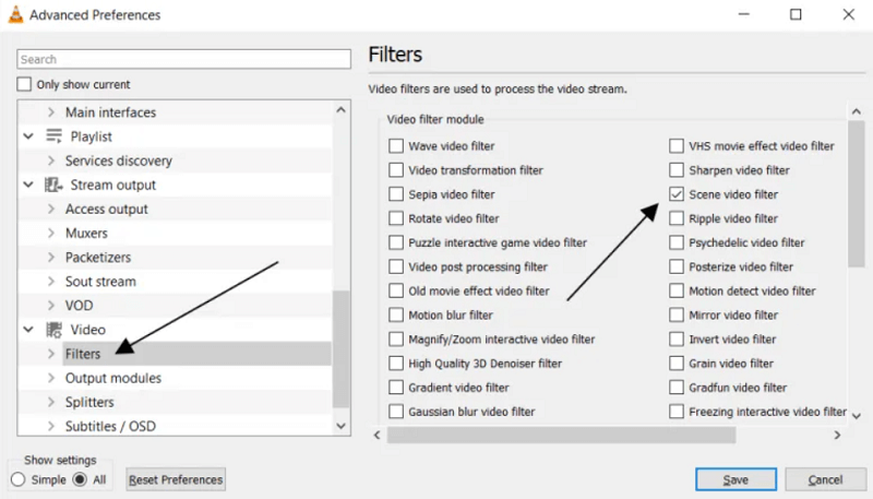 Wählen Sie Szenenfilter, um Videoframes zu erstellen, die im VLC Media Player aufgenommen werden