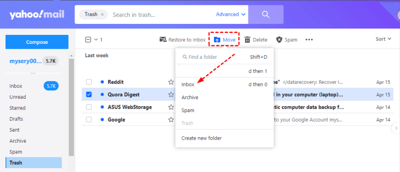Wiederherstellen gelöschter E-Mails aus dem Yahoo-Papierkorb