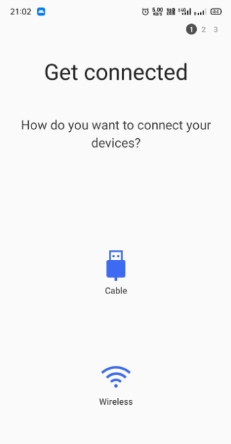 Wählen Sie entweder ein USB-Kabel oder eine drahtlose Übertragung