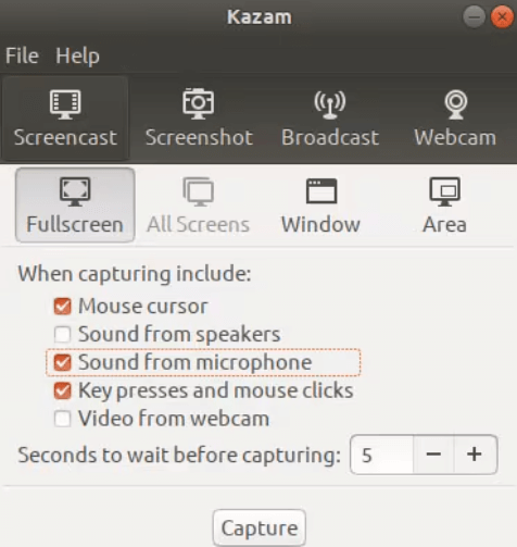 Kazam-Bildschirmrekorder mit Facecam