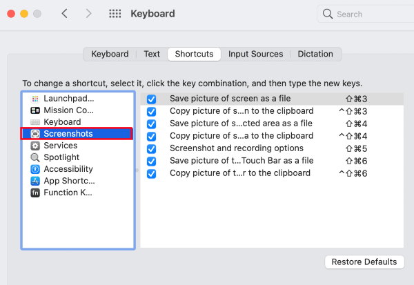 Überprüfen Sie die Einstellungen für Tastaturkürzel, wenn Screenshots nicht funktionieren