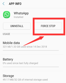Erzwingen, dass die Anwendung angehalten wird, um WhatsApp BackUp auf Android zu reparieren